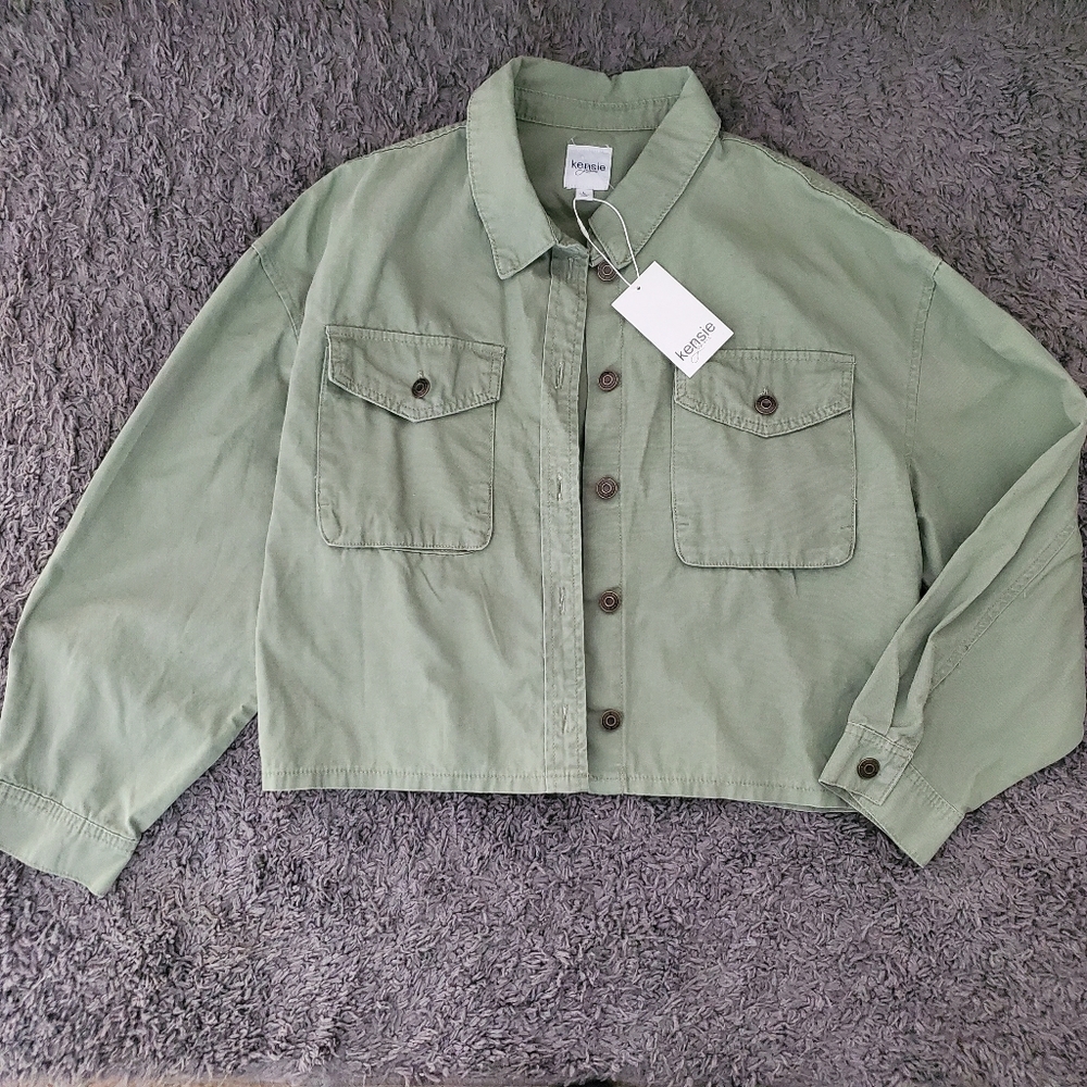 NWT Kensie Jeans Olive Green Button Up Womans Denim Jacket Size Large